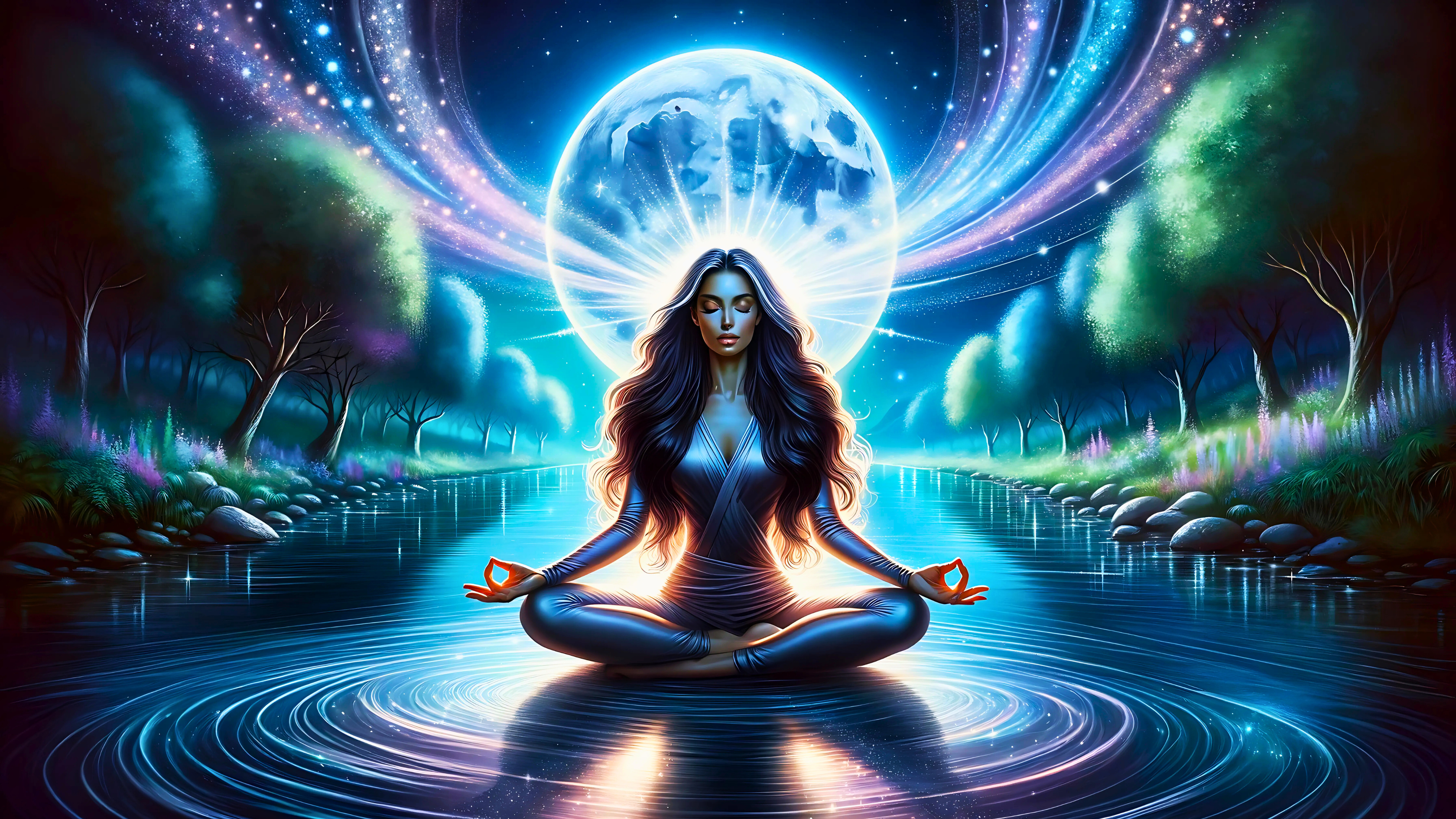 A serene woman meditating by a moonlit riverfront under a vibrant full moon, surrounded by glowing particles and a radiant aura, evoking tranquility and spiritual connection.