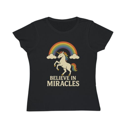 Believe in Miracles Magical Unicorn Rainbow Tee – Organic Women's Graphic T-Shirt | Unique T-Shirt from Soul Spark Cafe – 100% Organic Cotton - Image 5