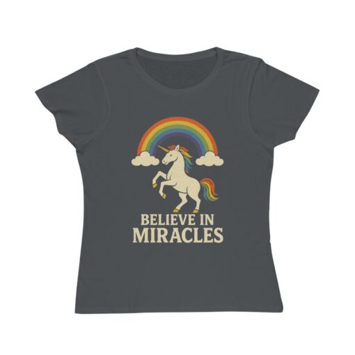 Believe in Miracles Magical Unicorn Rainbow Tee – Organic Women's Graphic T-Shirt | Unique T-Shirt from Soul Spark Cafe – 100% Organic Cotton - Image 3