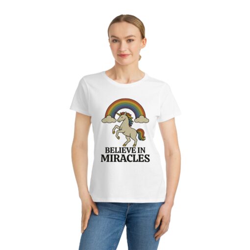 Believe in Miracles Magical Unicorn Rainbow Tee – Organic Women's Graphic T-Shirt | Unique T-Shirt from Soul Spark Cafe – 100% Organic Cotton - Image 2