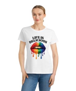 Alternative view of Colorful Lips Tee, LGBTQ Pride Shirt, Organic T-Shirt, Life is Delicious Top, Summer Outing T-Shirt, Gift for Friends